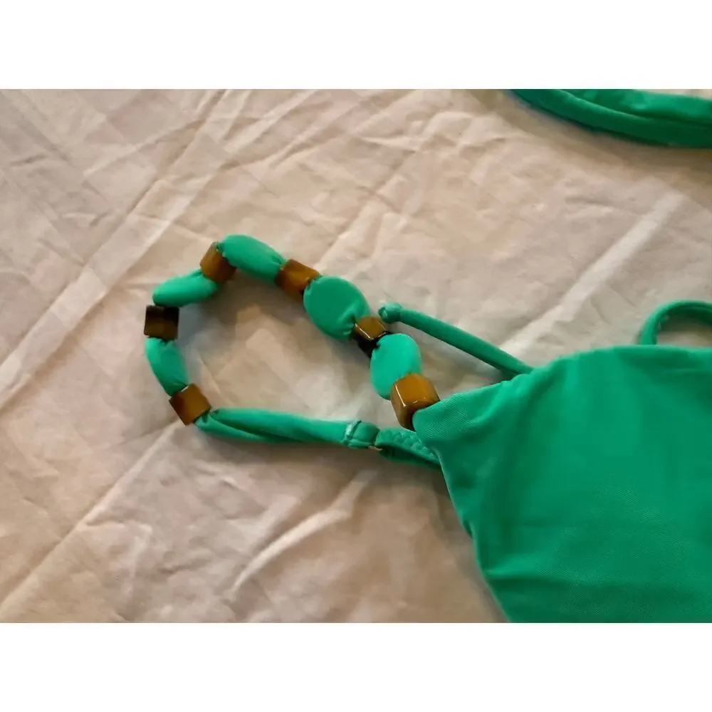 VIX BY PAULA HERMANNY Dora Kira Bead Trim Bikini Top green size medium